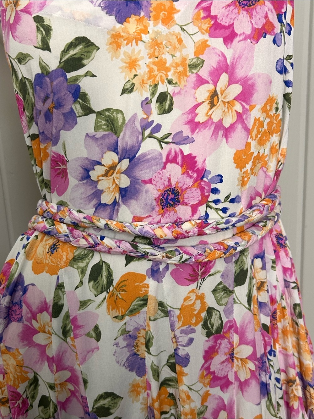 STORIA Floral Mini Dress Small Braided Belt Boho Cottagecore Sundress - Picture 6 of 12